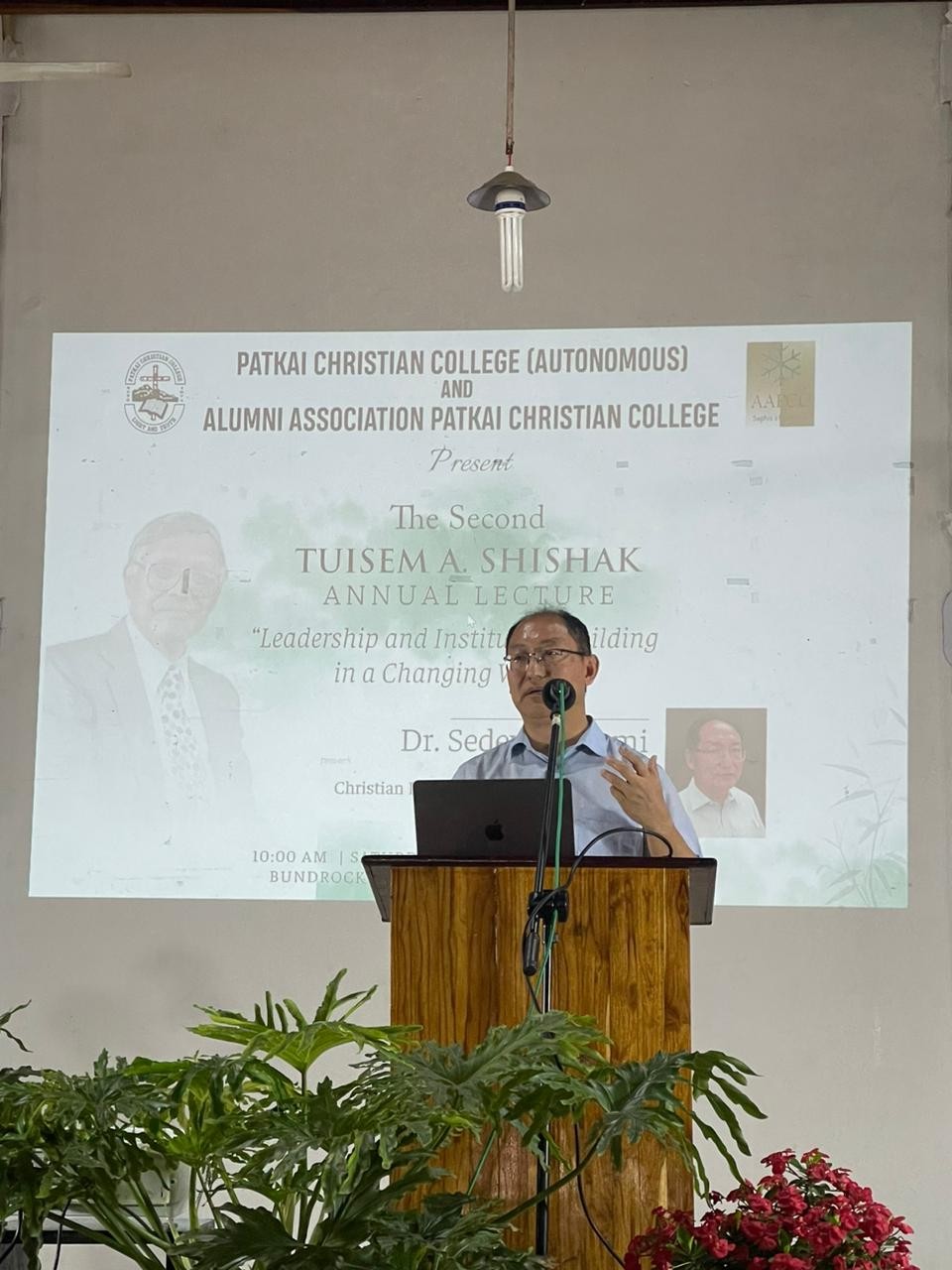 Dr Sedevi Angami delivering the 2nd Tuisem A Shishak Lecture at the Bundrock Chapel Auditorium Patkai Christian College (Autonomous) on March 25. (Morung Photo)